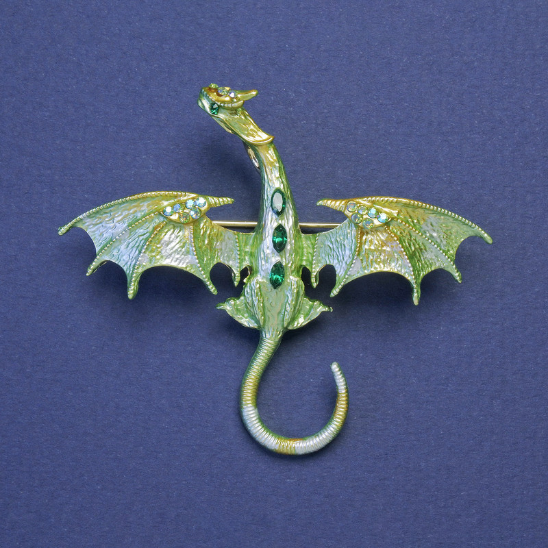 Dragon brooch-pendant with yellow-lime enamel and green crystals, gold-tone metal, 50x57mm +