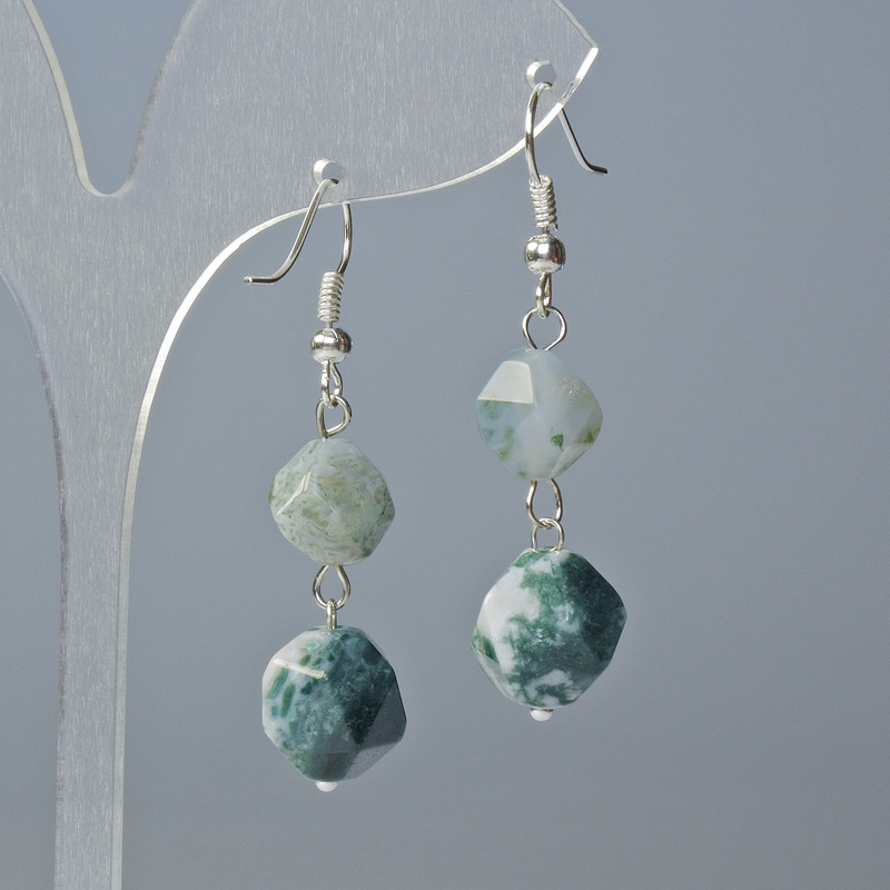 Moss Agate Earrings, natural stone, faceted, diameters 10x9 and 12x11 mm, length about 4 cm, with ear hook