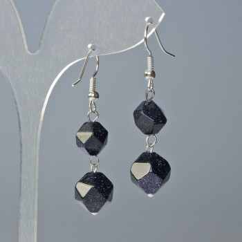 Aventurine Earrings 'Blue Sand Cairo Night' Multi-faceted, diameters 10x9 mm and 12x11 mm, length about 4 cm, with ear wires