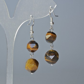 Tiger's Eye Earrings, Natural Stone, Faceted Multisided Shape, 10x9 mm and 12x11 mm diameters, approx. 4 cm long, with ear hooks