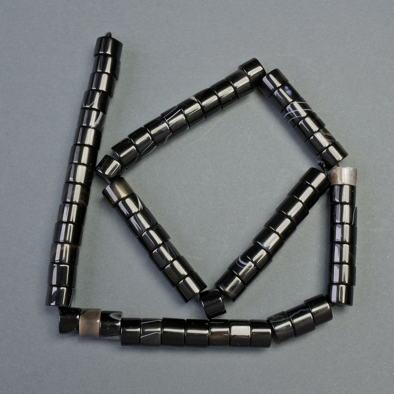 Black Agate Beads on Thread, Natural Stone Rondelle, 8×6 mm Diameter, Length 39 cm +/-