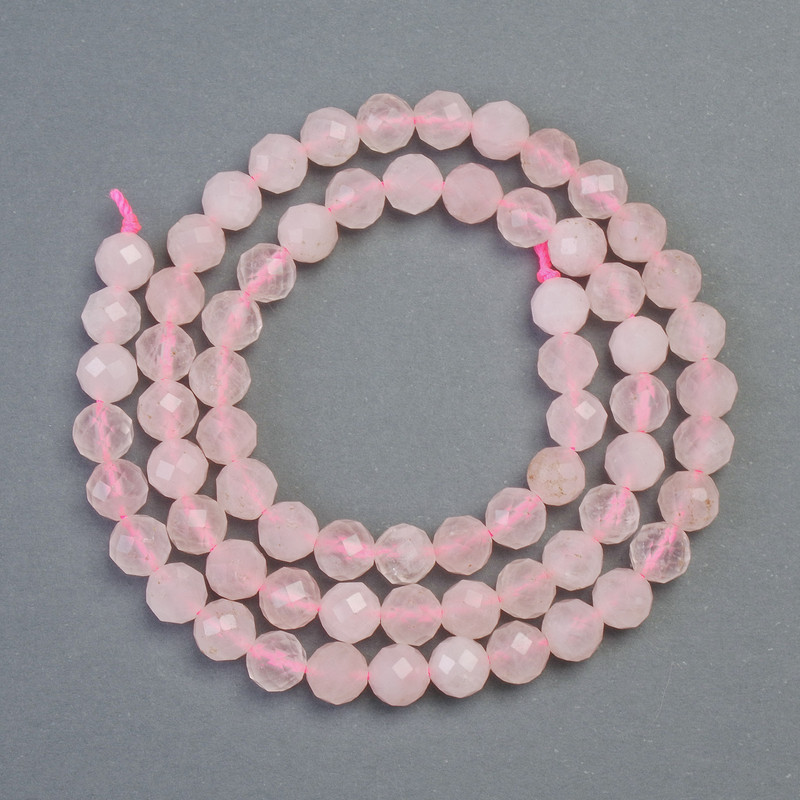 Rose quartz beads on a string, natural stone, faceted spheres, 6mm diameter +-, 39cm length +-
