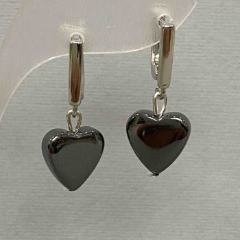 Hematite Heart Earrings, black, 11 mm diameter, 2.8 cm length