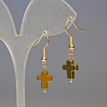 Golden Hematite Cross Earrings, 8×10 mm diameter, 3 cm length
