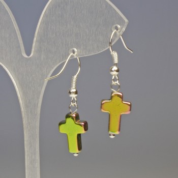 Hematite Earrings with Rainbow Crosses, Diameter 10x14 mm, Length 3.4 cm