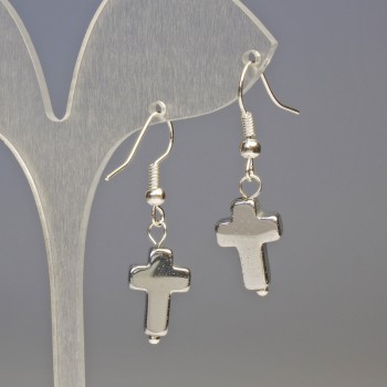 Hematite Cross Earrings, Silver-tone, diameter 10×14 mm, length about 3.4 cm