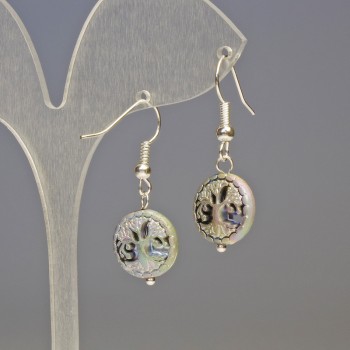 Hematite Earrings with Blue Wood and Silver, Diameter 12x4 mm, Length 3.2 cm