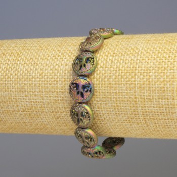 Hematite and Multicolor Wood Bracelet, 12x4 mm Beads, 18 cm Length, Stretch