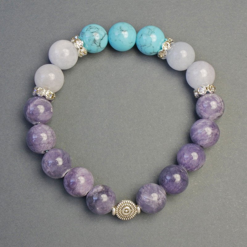 Bracelet made with Tanzanite, Turquoise, and Quartz (acrylic) with inserts, 10 mm diameter, 18 cm length, stretch