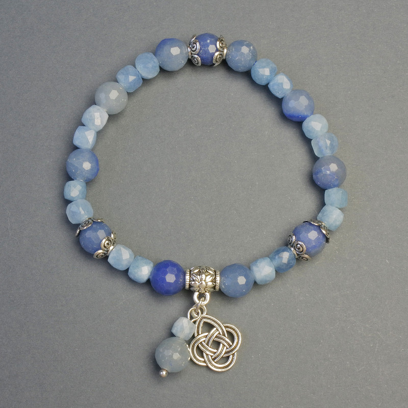 Aquamarine and Blue Aventurine Bracelet with Knot Pendant, 6mm± and 8mm± Beads, 18cm± Length, Stretch