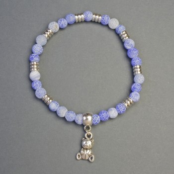 Bracelet Frosty Agate with Bear Pendant, 6mm Diameter Beads, 18cm Length, Stretch