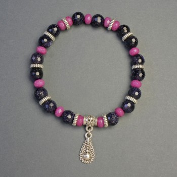 Aventurine and Phosphosiderite Bracelet with Pendant, 8 mm and 6 mm Diameters, 18 cm Long, Stretch