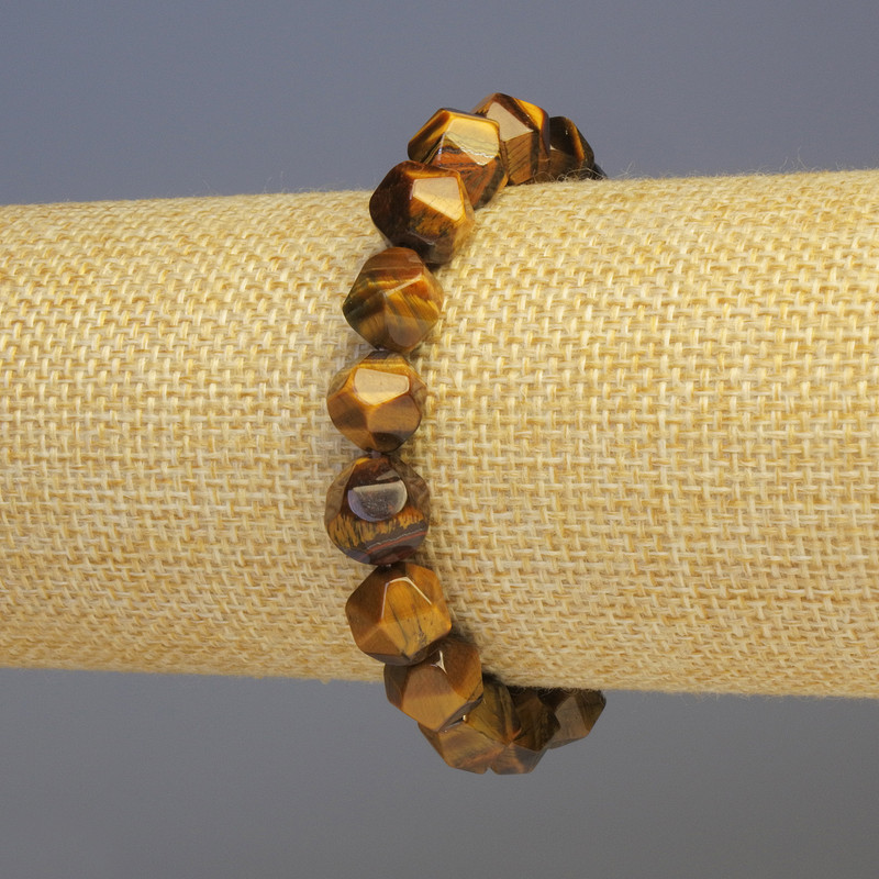 Tiger's Eye Bracelet, Natural Stone, Faceted, 8x8mm Diameter, 18cm Length (Stretch)