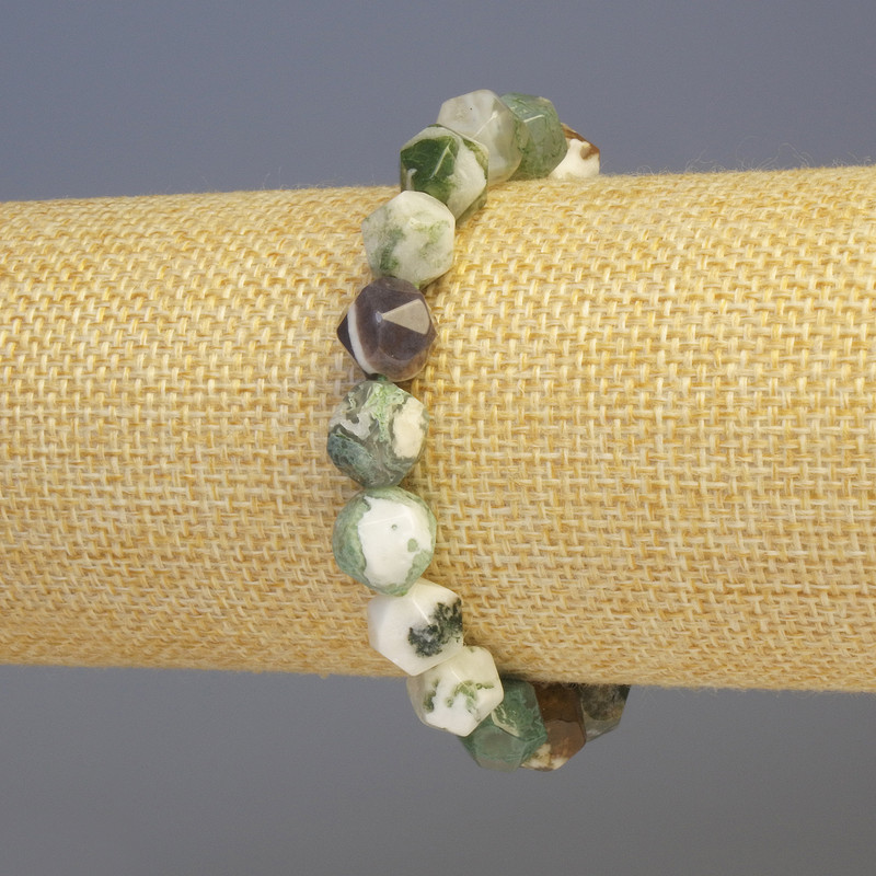 Moss Agate Bracelet, Natural Stone, Faceted Beads, 8x8 mm Diameter, 18 cm Length, Stretch