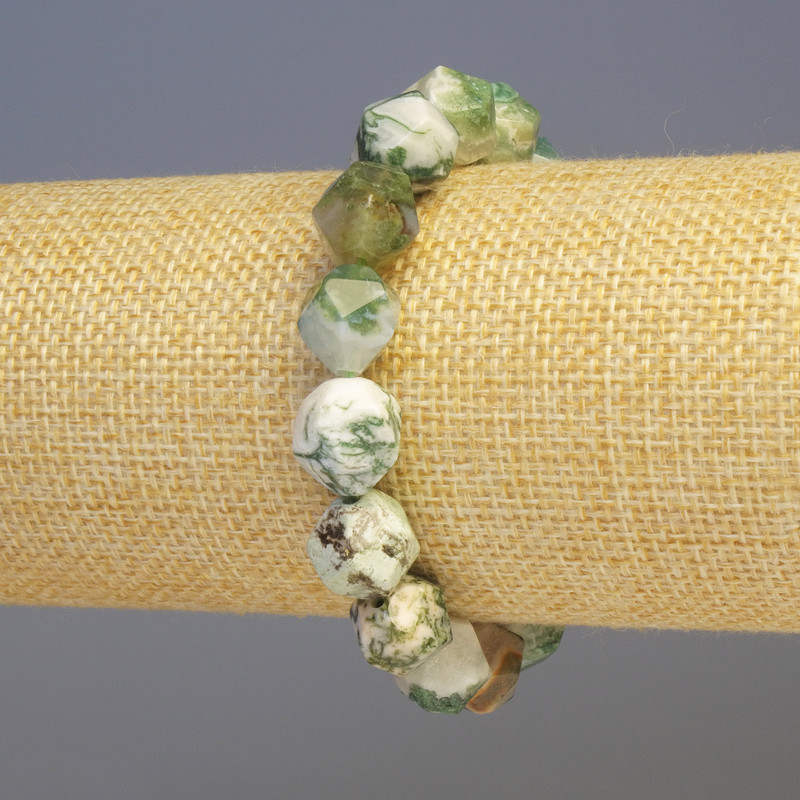Moss Agate Bracelet, Natural Stone, Faceted, 11x11 mm Diameter, 18 cm Length, Elastic
