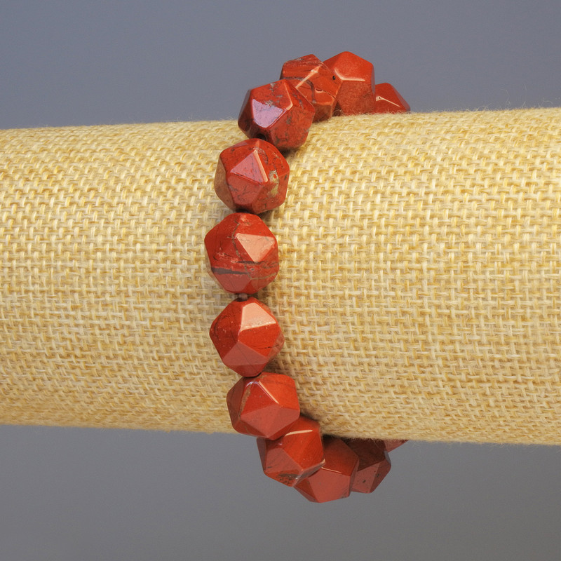 Red Jasper Bracelet, natural stone, faceted, 11x11 mm diameter, 18 cm length, stretch