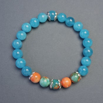 Aquamarine and Variscite Bracelet, smooth beads, 8 mm diameter with inserts, length 18 cm +/- stretch