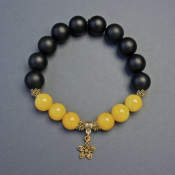 Bracelet Citrine (Imitation) - smooth beads, diameter 10 mm, Shungite smooth beads, diameter 12 mm ± with inserts, length 18 cm ± stretch