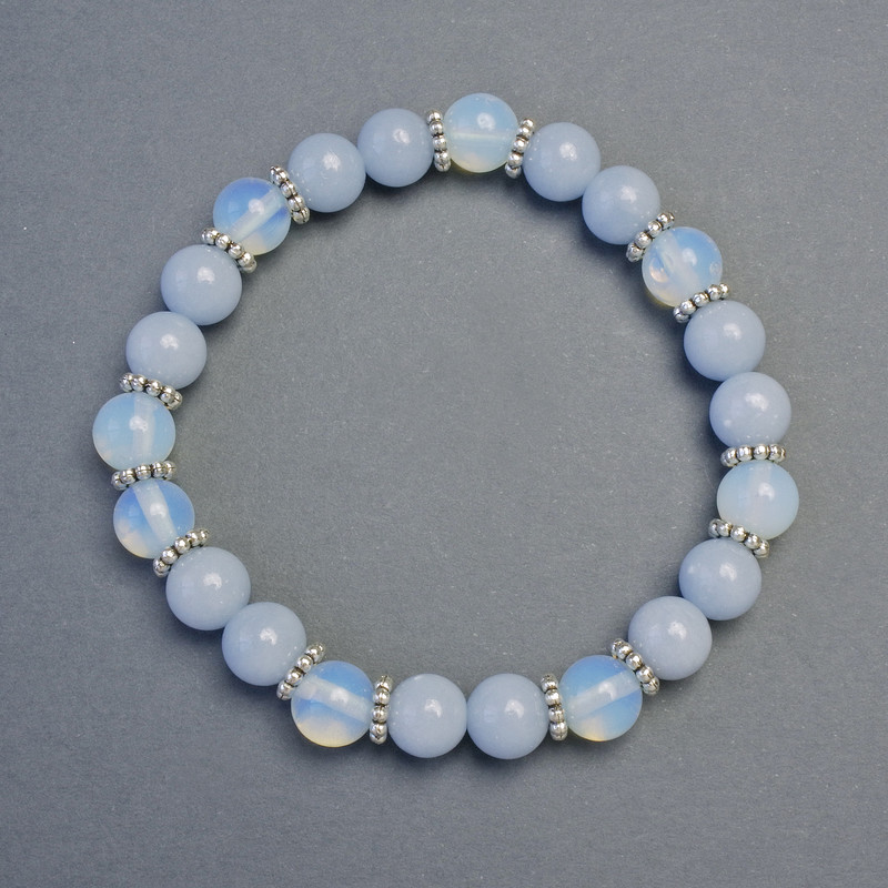 Aquamarine Bracelet, Moonstone Smooth Bead, 8 mm diameter +/- with inlays, length 18 cm +/- stretch
