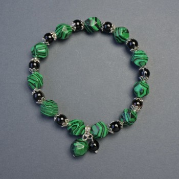 Malachite Multifaceted Bracelet, 9×8 mm approx, Agate Bead 6 mm approx, with Inserts, Stretch Length 18 cm