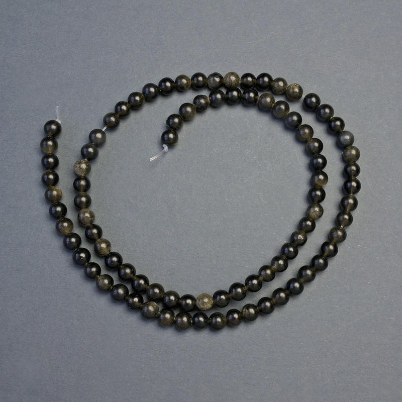 Sun Obsidian Beads, Natural Stone, Smooth Round Beads, Diameter 4–5 mm, Length 38 cm on Thread