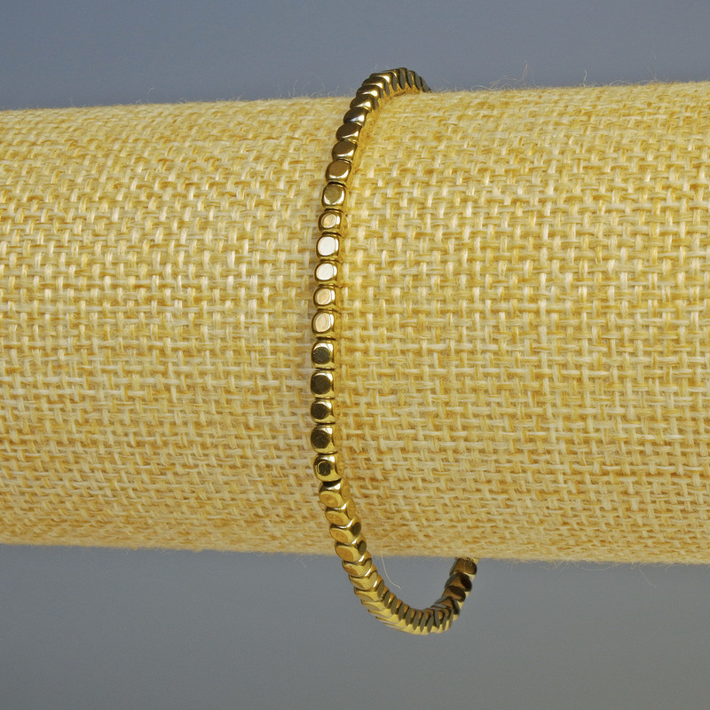 Hematite Bracelet, Small Cube Beads, Gold Color, 3x3 mm, 18 cm Length, Stretch