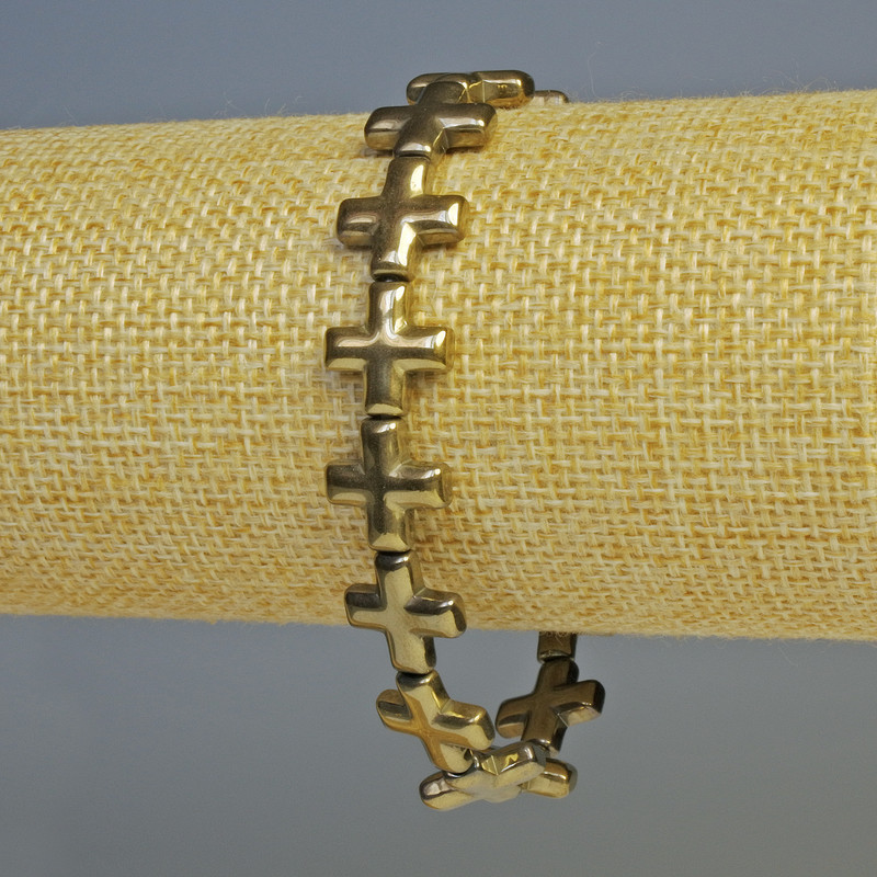 Hematite bracelet with cross in light bronze color, diameter 12.5×12.5 mm, length 18 cm ± stretch