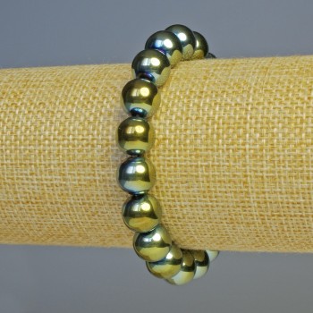Hematite bead bracelet, chameleon green color, 10 mm diameter, 18 cm length, stretch