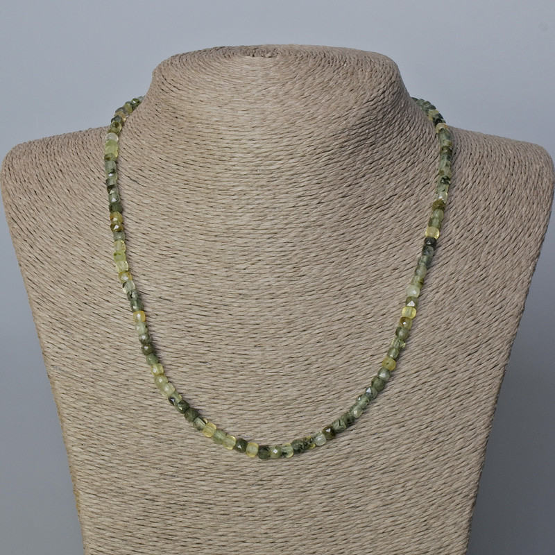 Prehnite Necklace with Natural Stone, Faceted Cubes, 4x4 mm, Length 45 cm +/-
