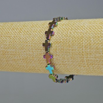 Hematite Bracelet 'Cross' in Chameleon Color, diameter 8.5×10.5×3 mm ±, length 18 cm ± stretch