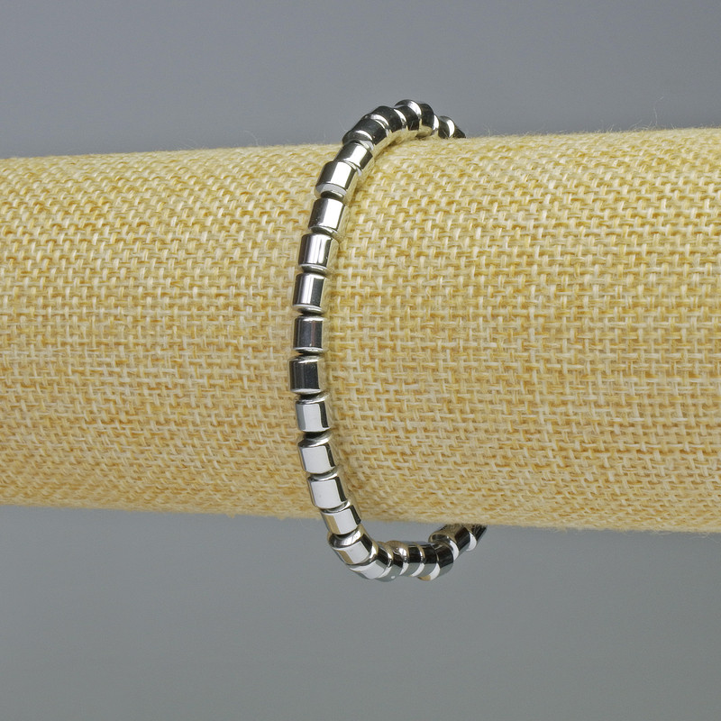 Hematite Bracelet Cylindrical Beads, Silver Color, 5×5 mm Diameter, 18 cm Length, Stretch