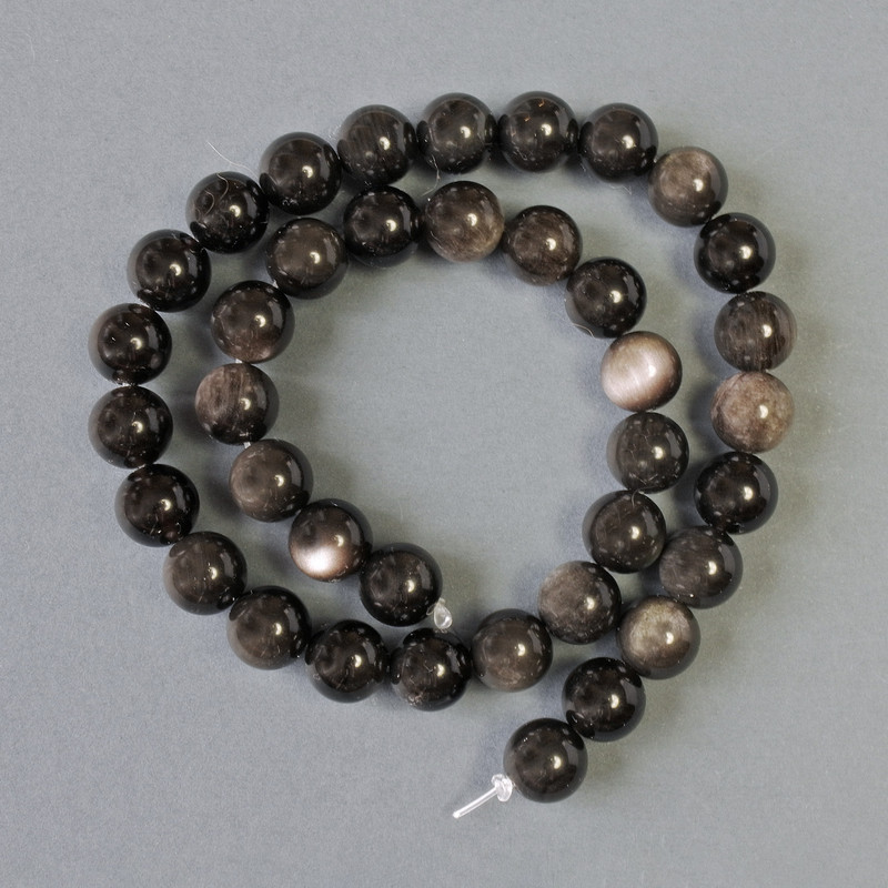 Beads on a string Silver Obsidian smooth sphere, diameter 10.5(±) mm, length 39 cm+