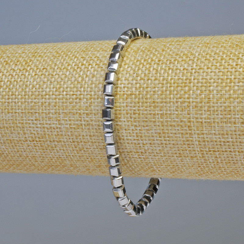 Hematite Bracelet with Rounded Cube Beads, Silver Color, 4x4 mm, 18 cm Length, Stretch
