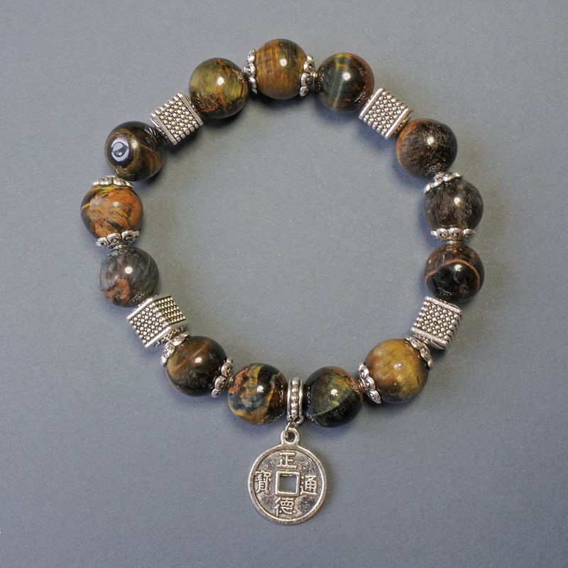 Hawk's Eye Bracelet with Smooth Beads, 12 mm Diameter ±, with Metal Inlays, 18 cm Length ± Stretch
