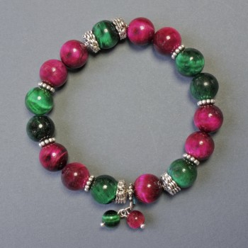 Cat's Eye Bracelet with Natural Stone, Smooth Beads, 10 mm Diameter ±, with Metal Inlays, 18 cm Length ±, Stretch