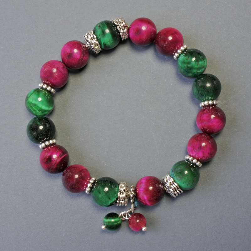 Cat's Eye Bracelet with Natural Stone, Smooth Beads, 10 mm Diameter ±, with Metal Inlays, 18 cm Length ±, Stretch