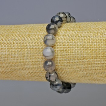 Dragon Vein Agate Bracelet with Smooth Beads, 10 mm Diameter, 18 cm Length, Stretch