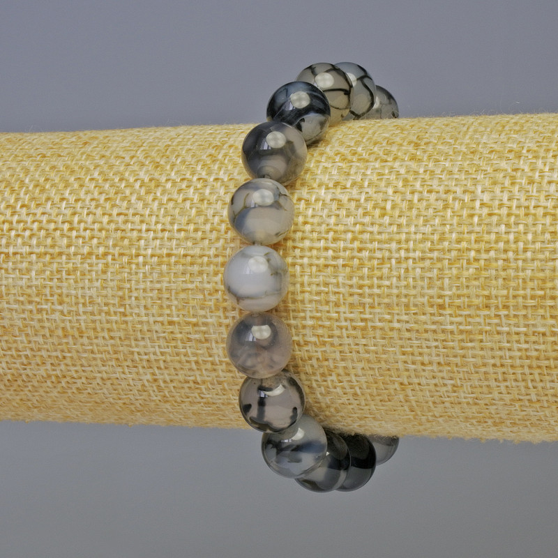 Dragon Vein Agate Bracelet with Smooth Beads, 10 mm Diameter, 18 cm Length, Stretch
