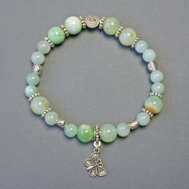 Chrysoprase bracelet with smooth beads, 9 mm diameter ±, Jadeite (imitation), 6 mm diameter+, length 18 cm stretch
