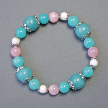 Bracelet Agate, Aquamarine, Pink Quartz Imitation, 18 cm Stretch