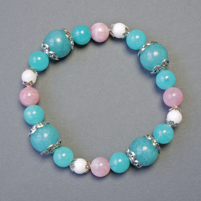 Bracelet Agate, Aquamarine, Pink Quartz Imitation, 18 cm Stretch