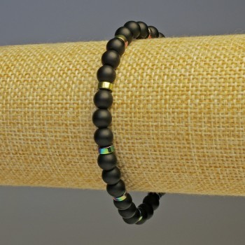 Shungite Bracelet with Smooth Beads, 6 mm Diameter; Rainbow Hematite Discs, 5x2 mm; 18 cm Length (Stretch)