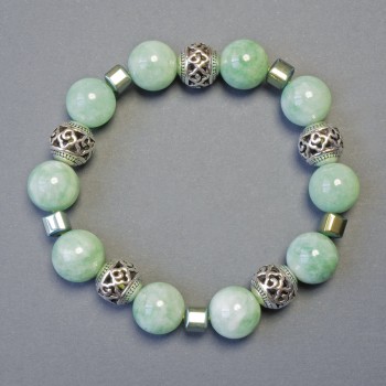 Jadeite Bracelet with Smooth Beads, 12 mm Diameter (+/-); Hematite Cube Beads, 5×5 mm (+/-); Length 18 cm, Stretch