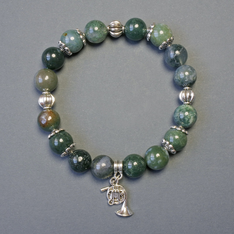 Bracelet Moss Agate Smooth Beads, 10mm Diameter, 18cm Length Stretch