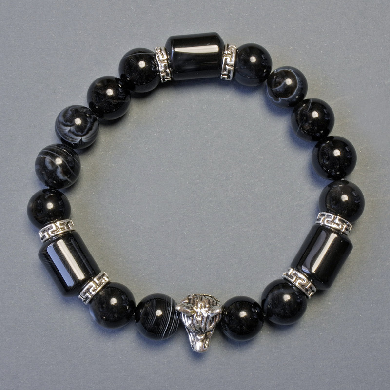 Agate Bracelet: Cylindrical Beads 8×5 mm and Smooth Round Bead 10 mm, 18 cm Stretch