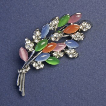 Brooch-Pendant Twig with Cat's Eye and Rhinestones 50x25 mm+