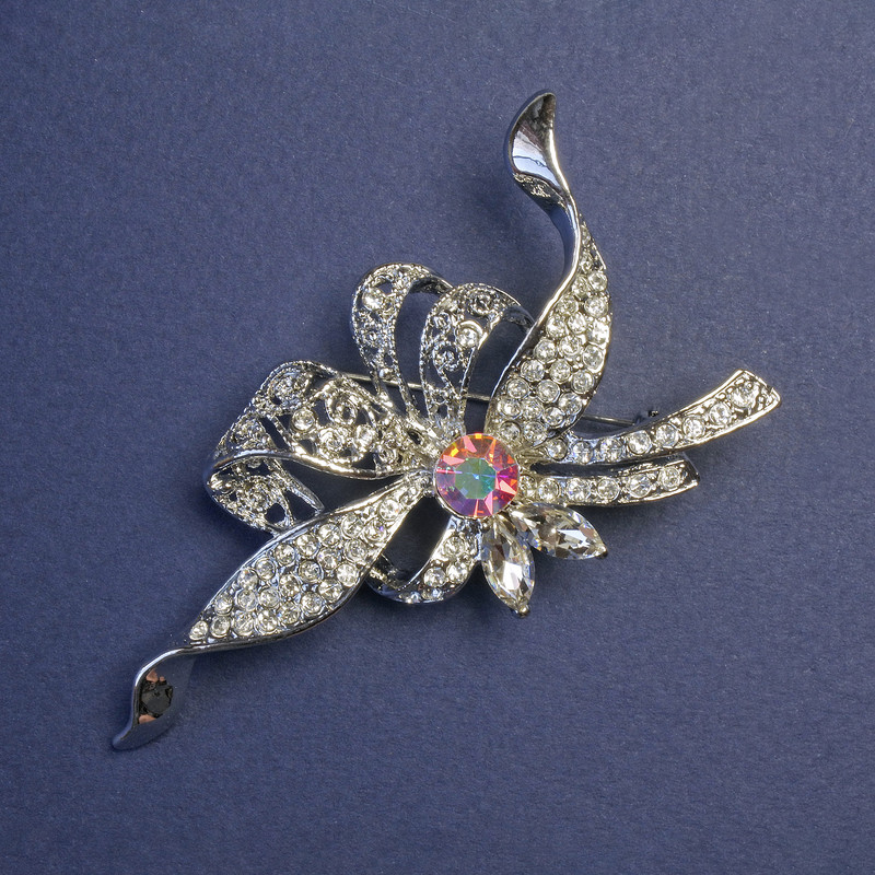 Accent Brooch with Iridescent Rainbow Crystal and White Rhinestones, Silver Metal 78x41 mm +