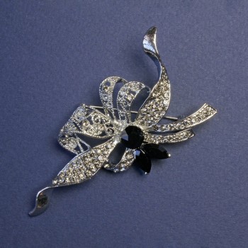 Brooch 'Accent' with Black Crystals and White Rhinestones, Silver-Toned Metal 78×41 mm +