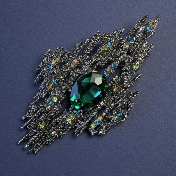 Accent Brooch-Pendant with a Green Crystal and Rhinestones 82x44 mm +