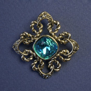 Accent brooch pendant with turquoise crystal and rhinestones, 40 mm+